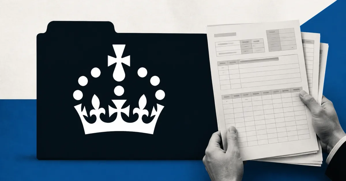 Large official GOV.UK Crown icon on a navy government document tab beside a greyscale unbranded self-assessment tax return and transaction ledger held by an official.
