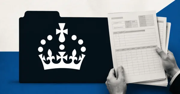 Large official GOV.UK Crown icon on a navy government document tab beside a greyscale unbranded self-assessment tax return and transaction ledger held by an official.