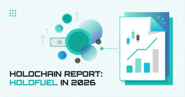 Cover image for HOT and HoloFuel 2025–26 report with Holochain charts and teal abstract money circles on white