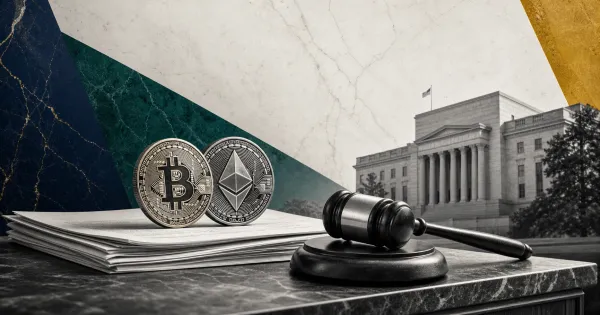 Greyscale congressional tax documents, gavel, Bitcoin and Ethereum coins on navy, teal and gold editorial panels representing House crypto tax bills.