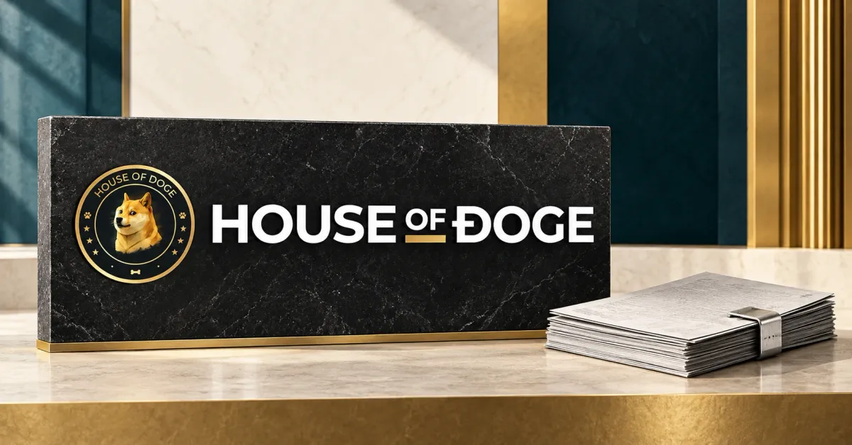 One prominent official gold House of Doge seal and white HOUSE OF DOGE wordmark on a charcoal stone sign beside a smaller unbranded greyscale acquisition folio with a steel clasp, against ivory, gold and petrol architectural panels.