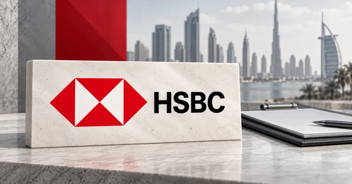 Large official red HSBC hexagon and black HSBC wordmark on an off-white stone desk sign beside an unbranded greyscale treasury folio, blank paper and pen, with a blurred Dubai skyline and red background panel.