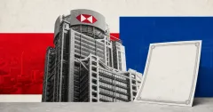 Greyscale HSBC Hong Kong tower and a blank structured-note certificate on red, blue and off-white editorial panels.