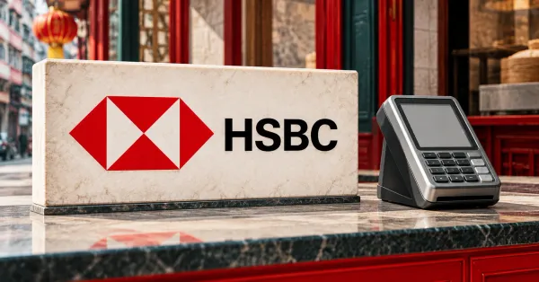 Large official red HSBC hexagon and black HSBC wordmark on an ivory merchant-counter sign beside an unbranded greyscale payment terminal with a blank display, against a Hong Kong shopfront with red framing and deep petrol trim.