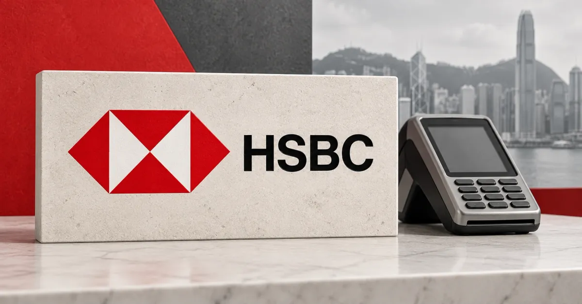 One large official red HSBC hexagon and black HSBC wordmark on an off-white stone sign beside an unbranded greyscale payment terminal with a blank screen, with a Hong Kong skyline and red and slate panels behind them.