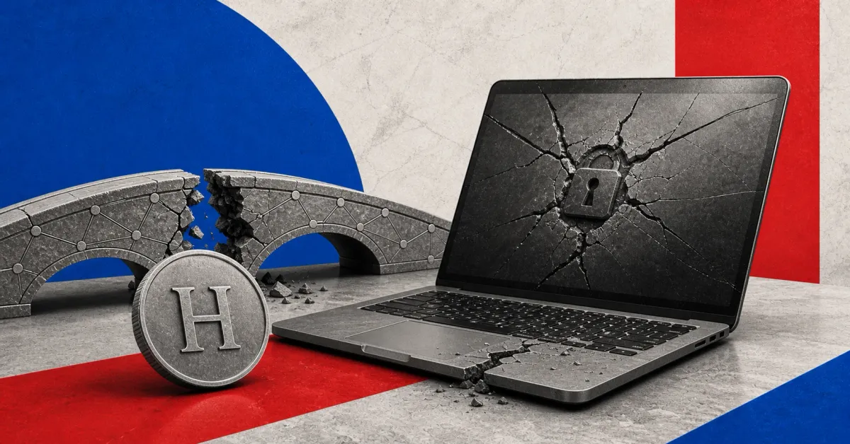 Greyscale cracked laptop, fractured blockchain bridge and H token coin on blue and red editorial panels representing the Humanity Protocol exploit.