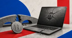Greyscale cracked laptop, fractured blockchain bridge and H token coin on blue and red editorial panels representing the Humanity Protocol exploit.