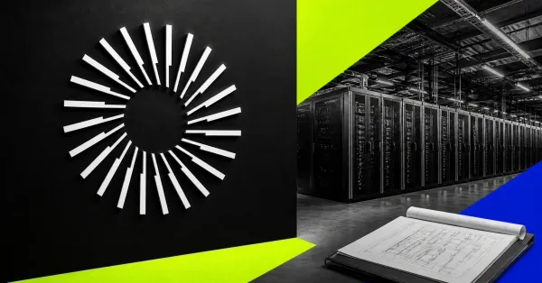 Large official white Hut 8 radial logo on a dark editorial panel beside greyscale unbranded data-center server racks and an architectural blueprint, with lime and blue panels.