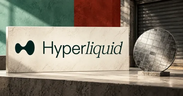 Large official dark-green Hyperliquid emblem and wordmark on an ivory stone sign beside an unbranded greyscale semiconductor wafer, with mint and rust panels and a closed shutter.