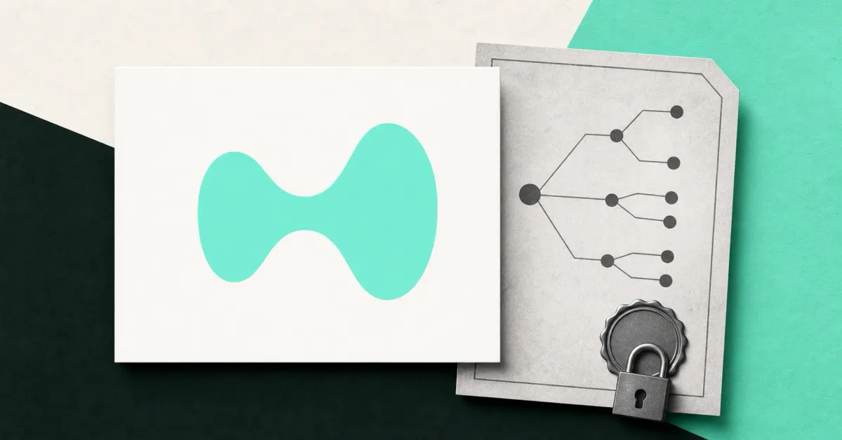 Official mint-green Hyperliquid logo on a large white card beside an unbranded grayscale outcome-market contract document and lock.