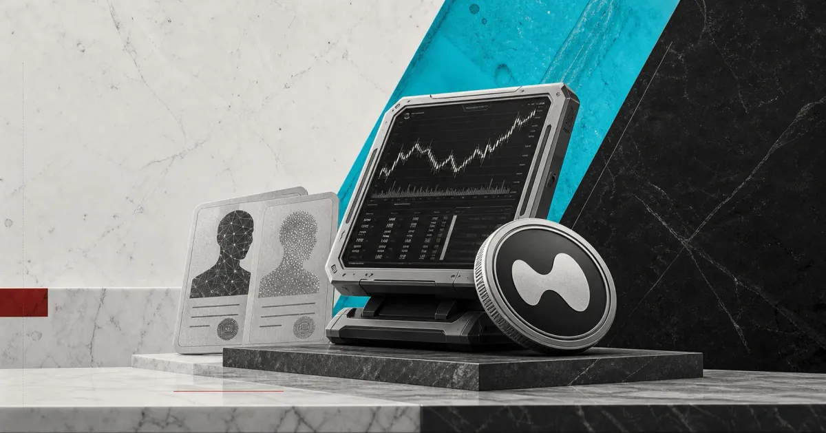 Greyscale Hyperliquid trading terminal, HYPE token and private-company valuation contract cards on cyan, graphite and red editorial panels.