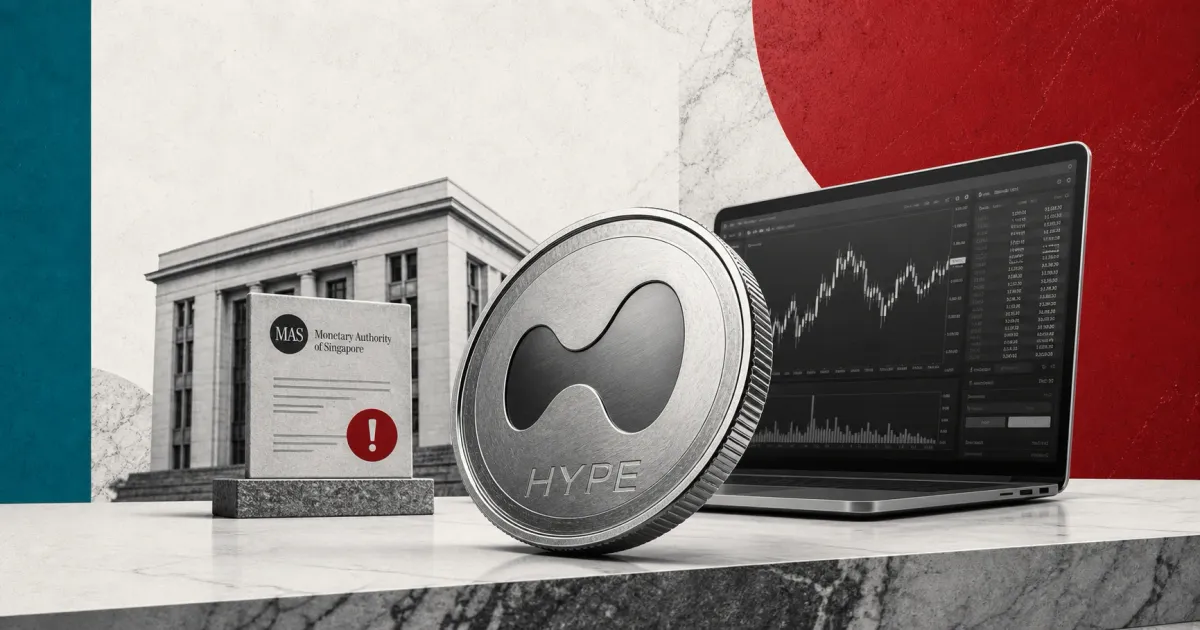 Greyscale Hyperliquid HYPE token, trading terminal and MAS warning notice on teal, red and off-white editorial panels.