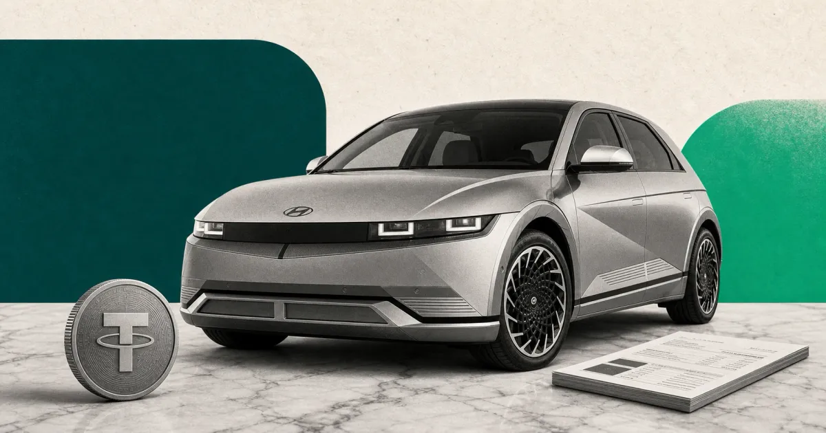 Greyscale Hyundai sedan and cross-border payment documents beside a USDT coin on green, blue and off-white editorial panels.