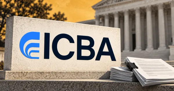 One large official blue ICBA emblem and navy ICBA wordmark on an off-white stone sign beside unbranded greyscale court paperwork and a dark metal binder clip, against an ochre sky and a blurred greyscale courthouse.