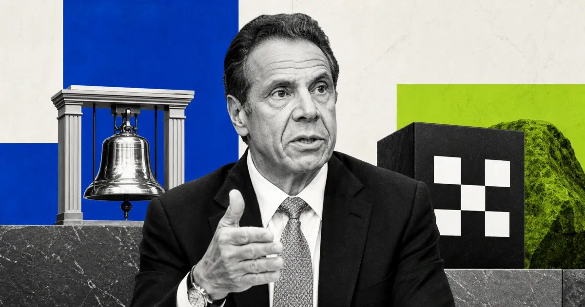 Greyscale Andrew Cuomo beside the NYSE bell and an OKX block on cobalt, lime and stone editorial panels.