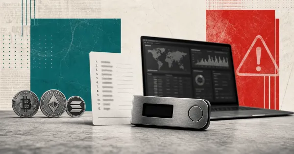 Greyscale crypto hardware wallet, recovery phrase card and security dashboard on teal, red and off-white editorial panels for the Ill Bloom wallet vulnerability.