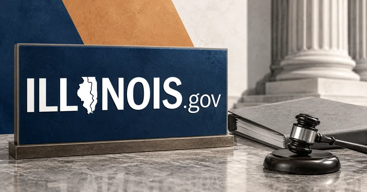 Large official white Illinois.gov wordmark on a navy sign beside an unbranded greyscale court-document folder and judge's gavel, with courthouse columns and navy, copper and off-white editorial panels.