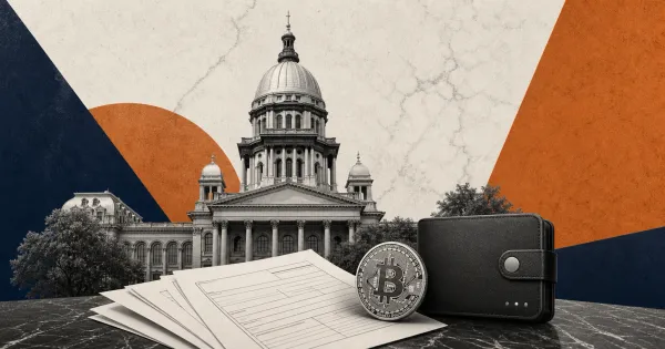 Greyscale Illinois Capitol building, blank tax forms, a Bitcoin coin and a black digital wallet on blue and copper editorial panels for Illinois' digital asset tax.