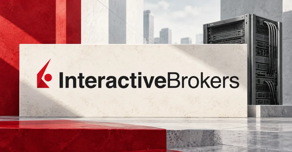 One prominent official red Interactive Brokers emblem and black InteractiveBrokers wordmark on an off-white limestone sign beside an unbranded greyscale validator server, against crimson and slate architectural panels.