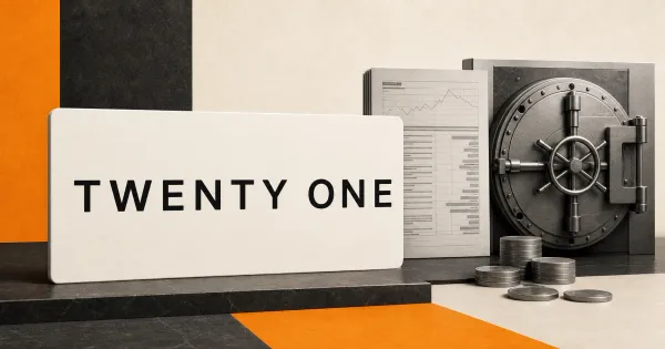 Official Twenty One wordmark on a prominent white plaque beside a grayscale cash-flow ledger, unbranded metal vault and plain coins on orange and charcoal editorial panels.