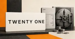 Official Twenty One wordmark on a prominent white plaque beside a grayscale cash-flow ledger, unbranded metal vault and plain coins on orange and charcoal editorial panels.