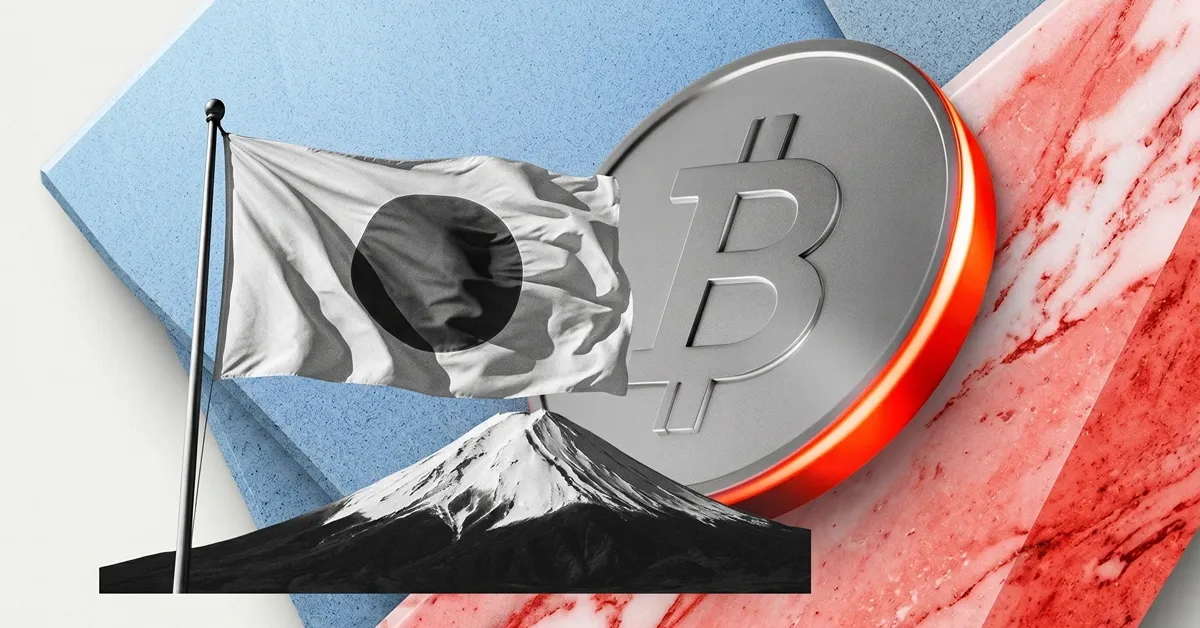Japanese flag beside Mount Fuji with Bitcoin coin in foreground