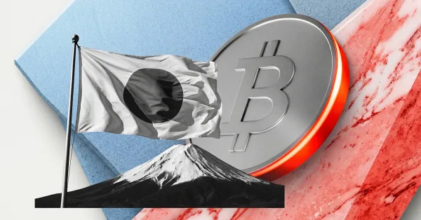 Japanese flag beside Mount Fuji with Bitcoin coin in foreground