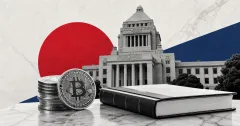 Greyscale Japanese parliament building, Bitcoin coins and a financial rulebook on red and indigo editorial panels representing Japan's crypto stock-style regulation bill.