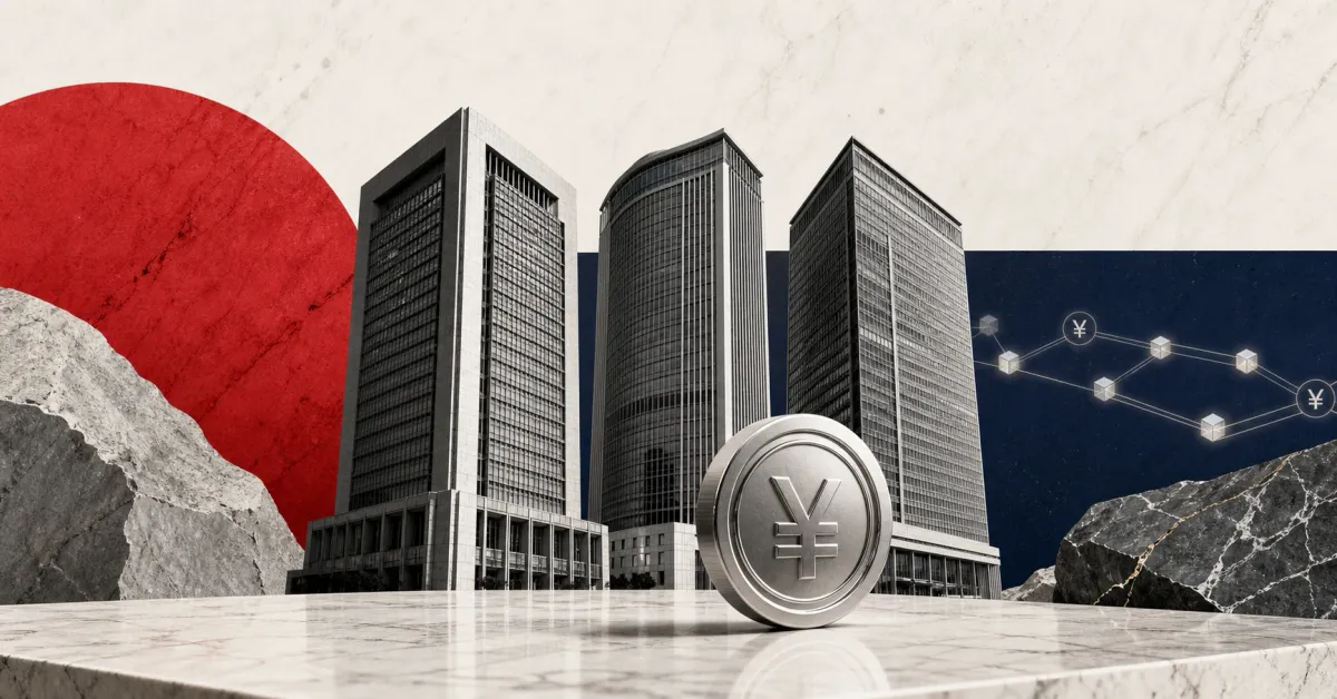 Greyscale Japanese megabank towers and a yen stablecoin on red and indigo editorial panels representing Japan bank stablecoin plans.