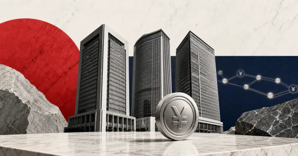 Greyscale Japanese megabank towers and a yen stablecoin on red and indigo editorial panels representing Japan bank stablecoin plans.