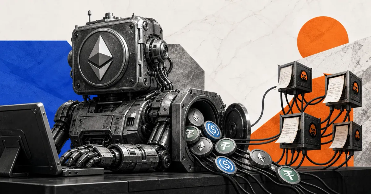 Greyscale Ethereum automated trading robot losing ETH, USDC and USDT through a network of malicious contract terminals on blue and orange editorial panels.