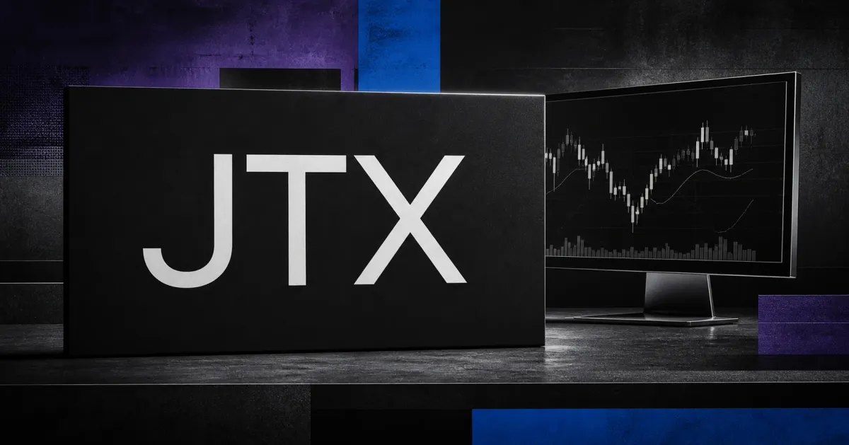 Large official JTX wordmark on a black trading-desk surface beside a greyscale market monitor, set against violet and electric-blue editorial panels.