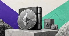 Greyscale Ethereum coin and DeFi vault with DAI tokens on purple and green editorial panels representing a Lubin-linked Maker debt position