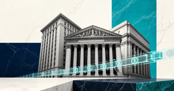 Greyscale Wall Street bank buildings with a glowing dollar-token settlement rail across navy and teal editorial panels