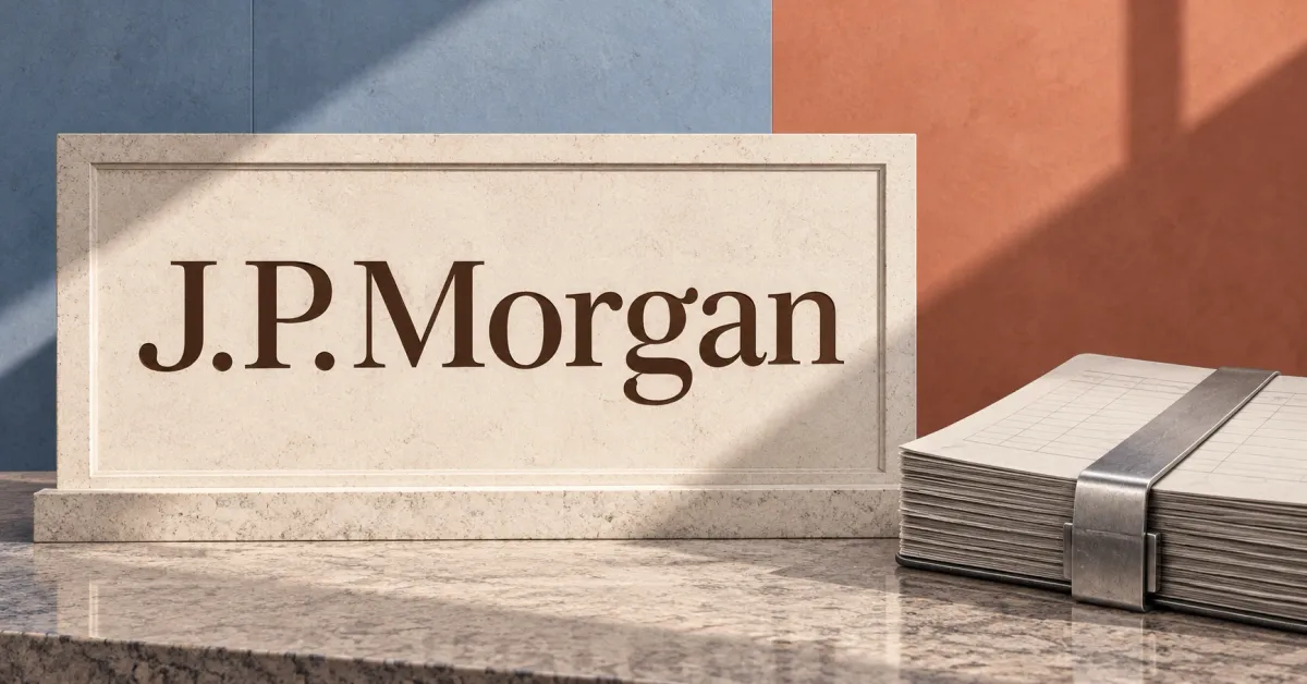Large official dark-brown J.P. Morgan wordmark on an off-white stone banking sign beside an unbranded greyscale deposit ledger held by a plain steel clasp, against blue-grey and terracotta panels.