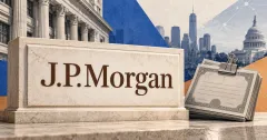 Large official brown J.P. Morgan wordmark on an ivory banking sign beside unbranded greyscale securities certificates and a metal clip, with civic buildings behind off-white, cobalt and copper panels.