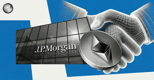 JPMorgan headquarters with Ethereum coin and digital handshake graphic, illustrating bank adoption of Ethereum and blockchain finance