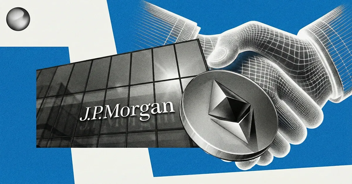 JPMorgan headquarters with Ethereum coin and digital handshake graphic, illustrating bank adoption of Ethereum and blockchain finance