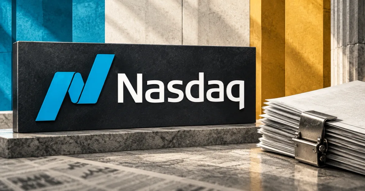 One large official blue-and-white Nasdaq logo on a charcoal sign beside a smaller unbranded greyscale fund-document stack with a steel clasp, against cyan and ochre architectural panels.