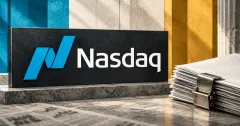 One large official blue-and-white Nasdaq logo on a charcoal sign beside a smaller unbranded greyscale fund-document stack with a steel clasp, against cyan and ochre architectural panels.