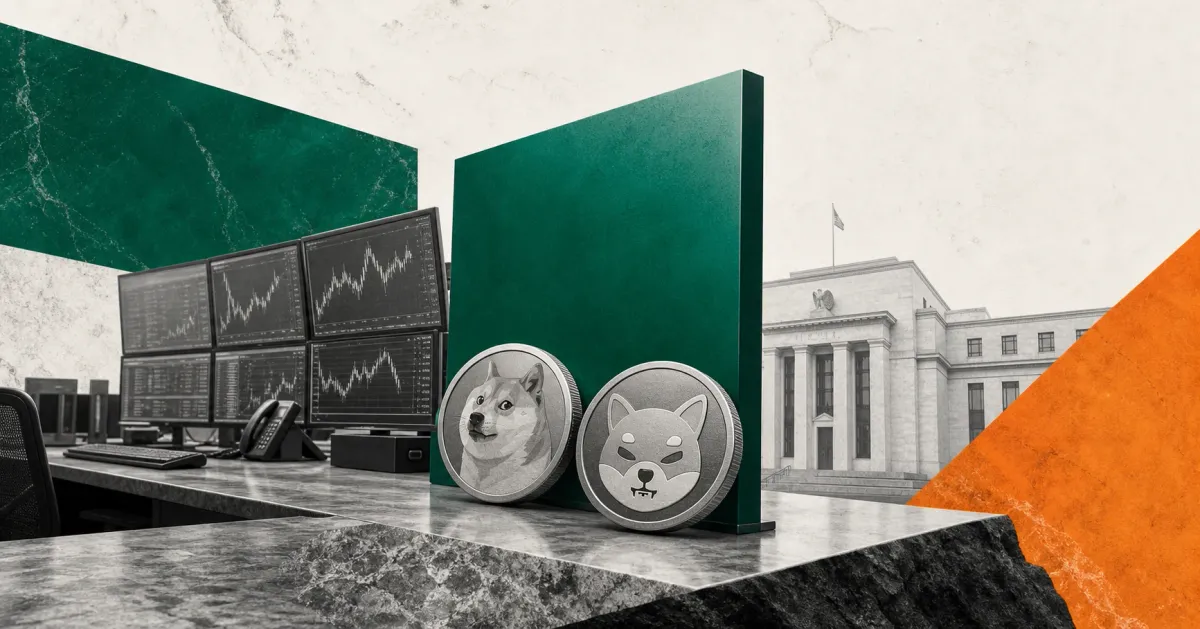 Greyscale Dogecoin and Shiba Inu token coins on a derivatives trading desk with a U.S. regulator building and green and orange editorial panels representing Kalshi crypto perpetual futures