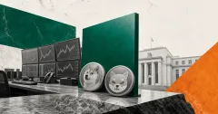 Greyscale Dogecoin and Shiba Inu token coins on a derivatives trading desk with a U.S. regulator building and green and orange editorial panels representing Kalshi crypto perpetual futures