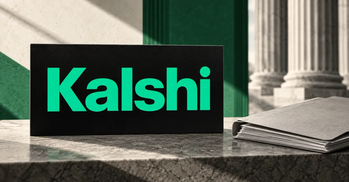 Large official green Kalshi wordmark on a black plaque beside an unbranded greyscale court document folder on a stone desk, with courthouse columns behind.