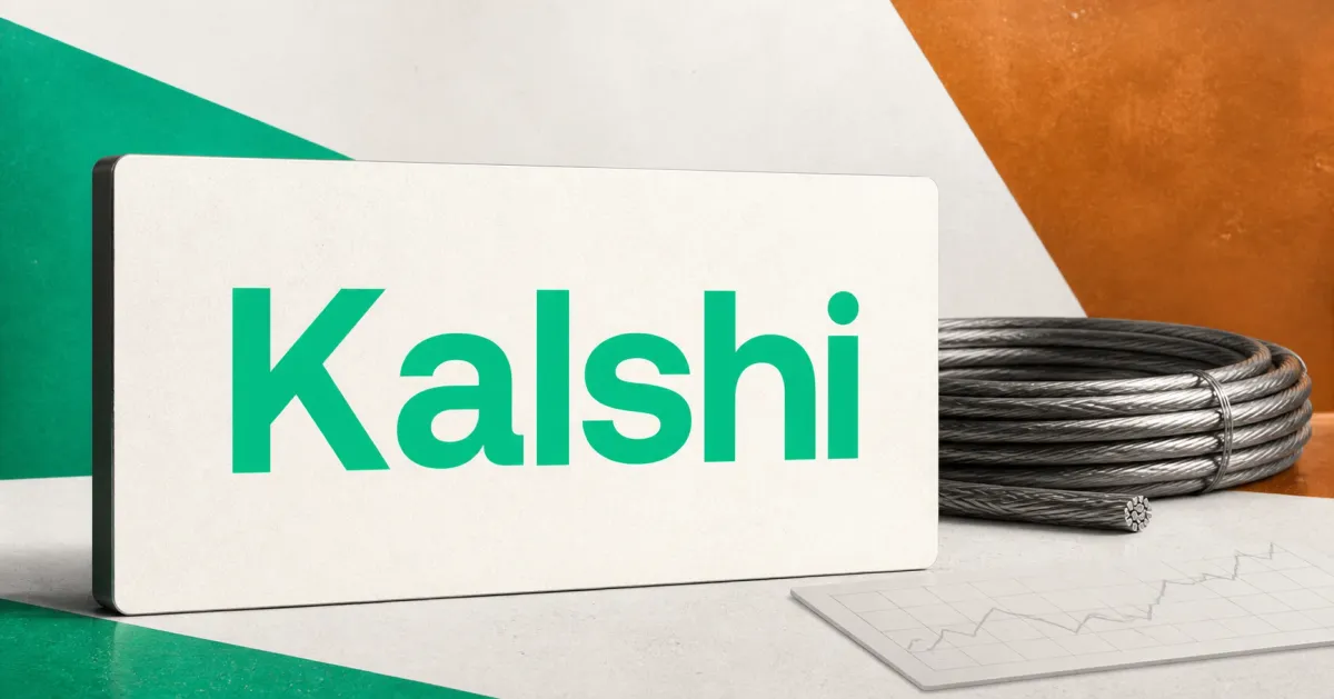 Large official green Kalshi wordmark on a white exchange plaque beside a greyscale coiled copper cable and an abstract market grid on green and copper editorial panels.