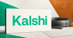 Large official green Kalshi wordmark on a white exchange plaque beside a greyscale coiled copper cable and an abstract market grid on green and copper editorial panels.