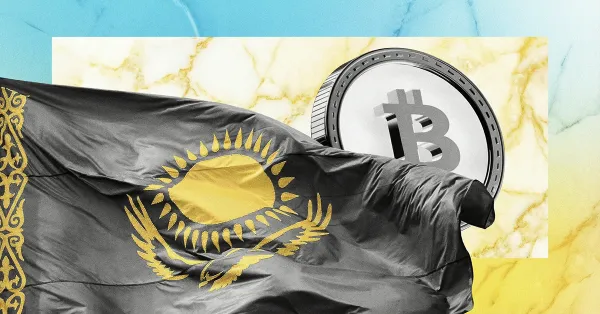 Kazakhstan flag waving with Bitcoin coin in background, representing Kazakhstan’s role in Bitcoin mining and global cryptocurrency industry