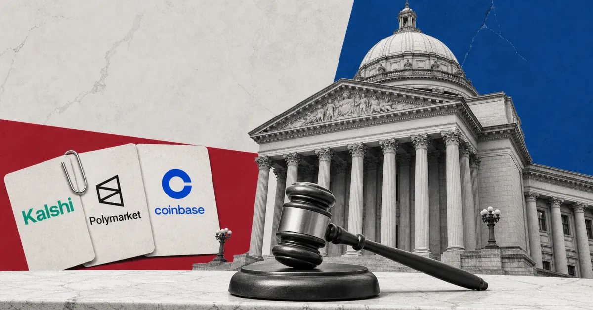 Greyscale courthouse and judge's gavel beside Kalshi, Polymarket and Coinbase evidence cards on blue and crimson editorial panels.