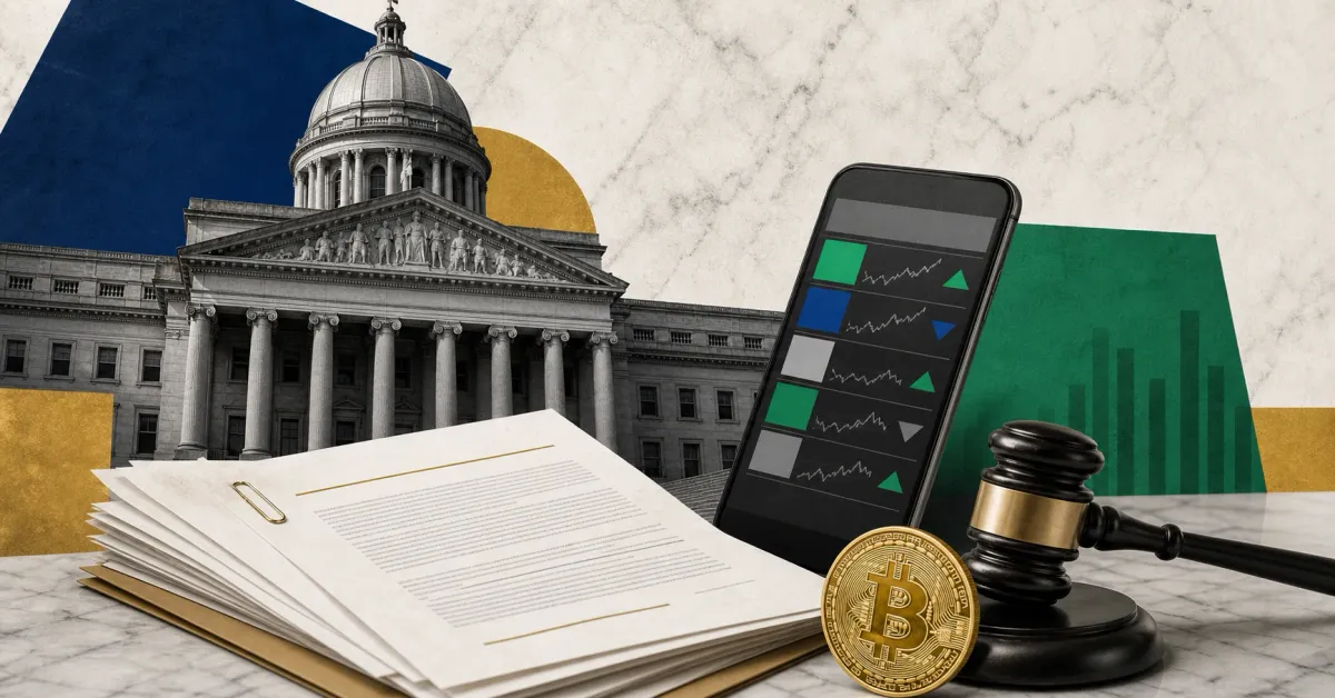 Greyscale courthouse, legal complaint papers, prediction market trading phone, gavel and Bitcoin coin on Kentucky blue, green and gold editorial panels.