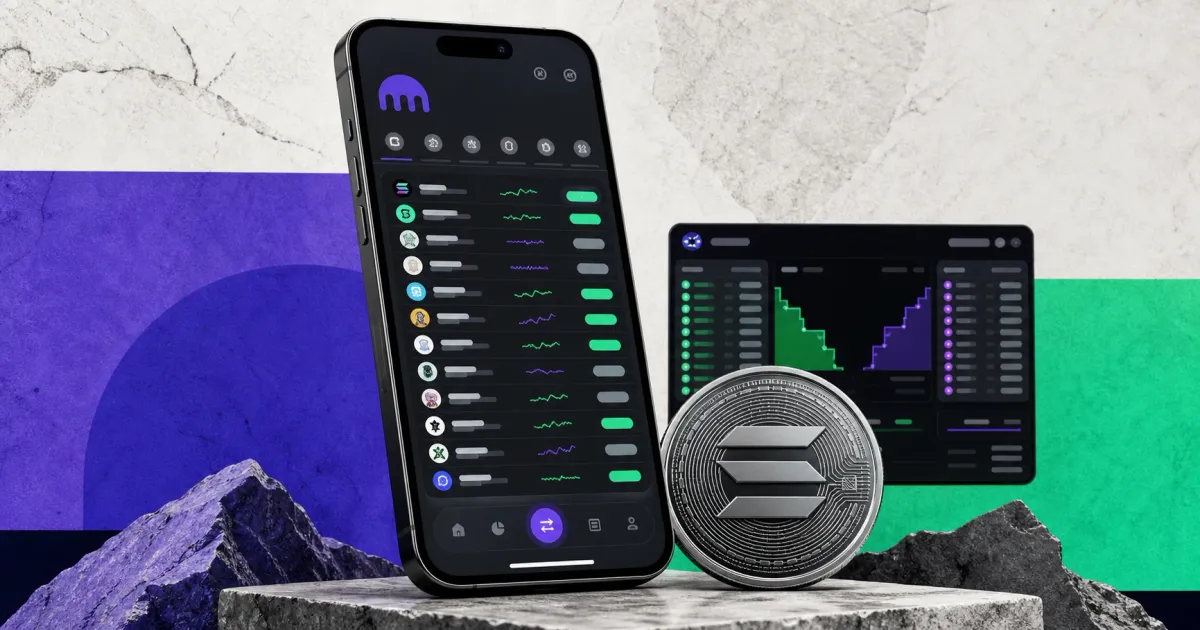 Greyscale smartphone showing Kraken on-chain trading beside a large Solana token and decentralized exchange liquidity screen on purple and teal editorial panels.