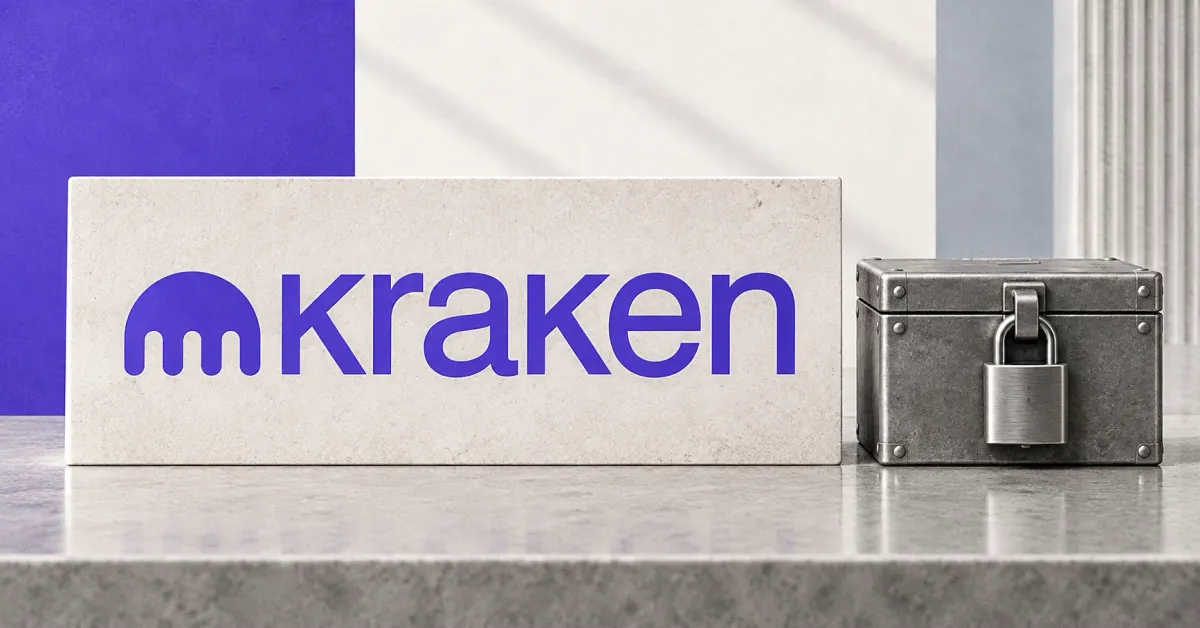 Large official purple Kraken emblem and wordmark on an off-white desk sign beside an unbranded greyscale locked metal collateral box.